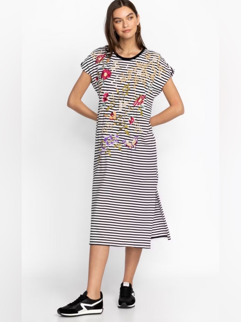 Johnny Was Osaka Relaxed Knit Dress Floral Embroidery Stripe Size XS Summer Boho